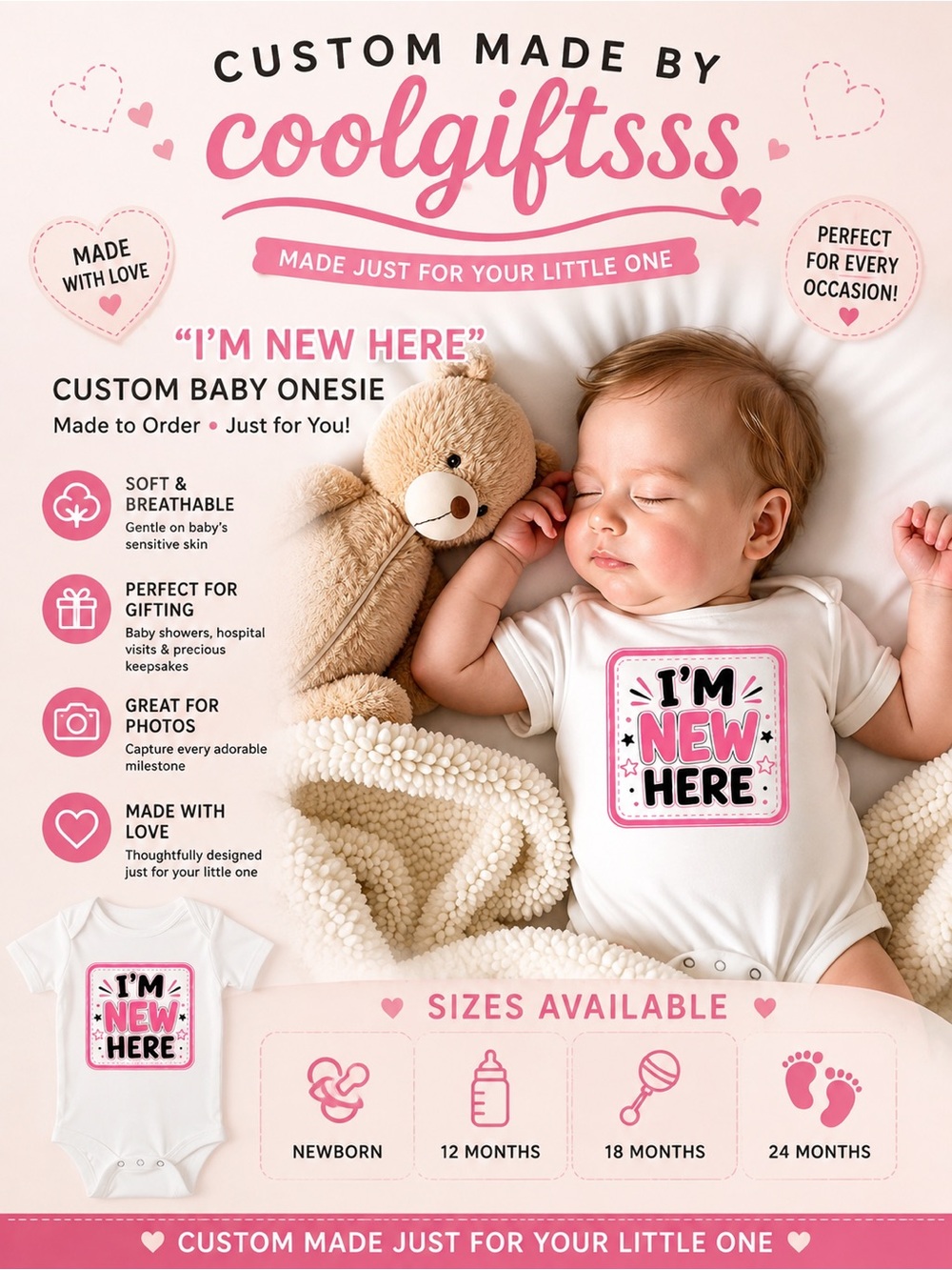 Baby Onesie - "I'm New Here" boy or girl Short-Sleeve Bodysuit new made to order